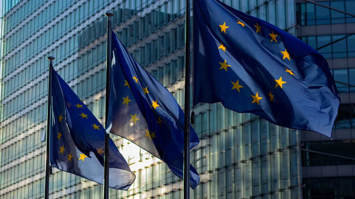 European Union flags outside a modern government building